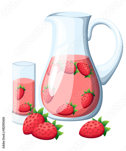 Strawberry fruit drink in the glass pitcher. Strawberry with leaves wholes. Decorative poster, emblem natural product, farmers market. Isolated on white background.
