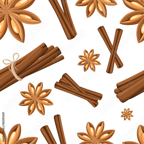 Cinnamon stick, star anise, anise and cardamom vector. Isolated icons on white background. Seamless illustration.