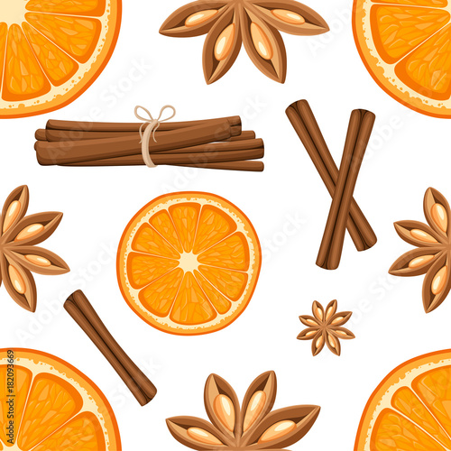 Cinnamon stick, star anise and slices of oranges. Isolated illustration on white background. Seamless illustration.