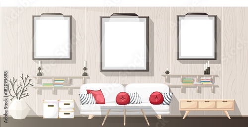 Interior Design. Modern living room with grey sofa, vase, shelf with books and nightstand. Apartment interior in the flat style. Isolated vector illustration cozy interior on the white background