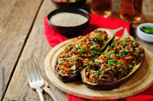 Minced meat quinoa vegetables stuffed eggplants