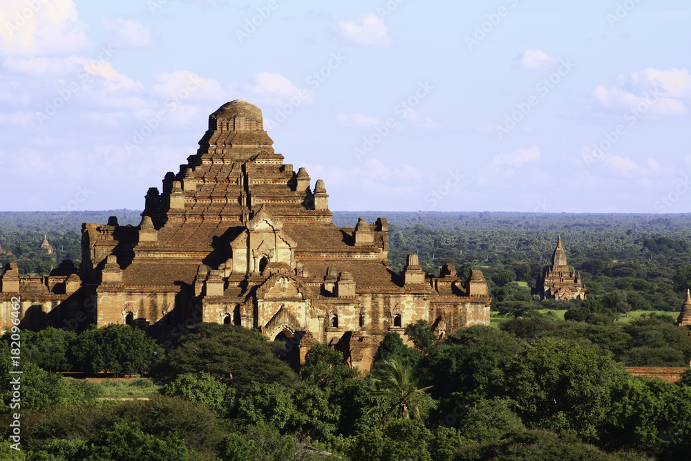 A Large Stepped Pagoda Stands above the Thouisands of others in Bagan, Myanmar. It's a bright clear sunny day with the trees and the brown dirt road in frame.