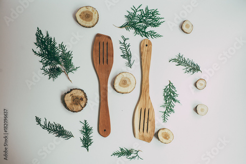 Rustic Kitchen Decoration with wooden cutlery. Country kitchen decoration. photo