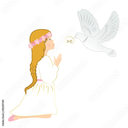 My first communion. Cute blonde girl praying on knees.