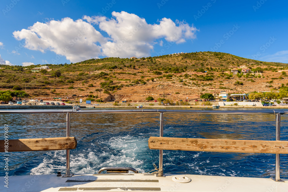 Bay of Agios Nikolaos  on Zakynhos island. View from cruise boat. Greece.