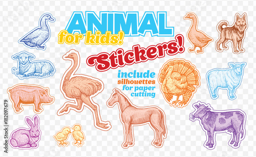 Farm animals set in sketch style on colorful stickers. Isolated on transparent background. Can be used for cute kids coloring book or game. Include silhouette for paper cutting horse, turkey,cow