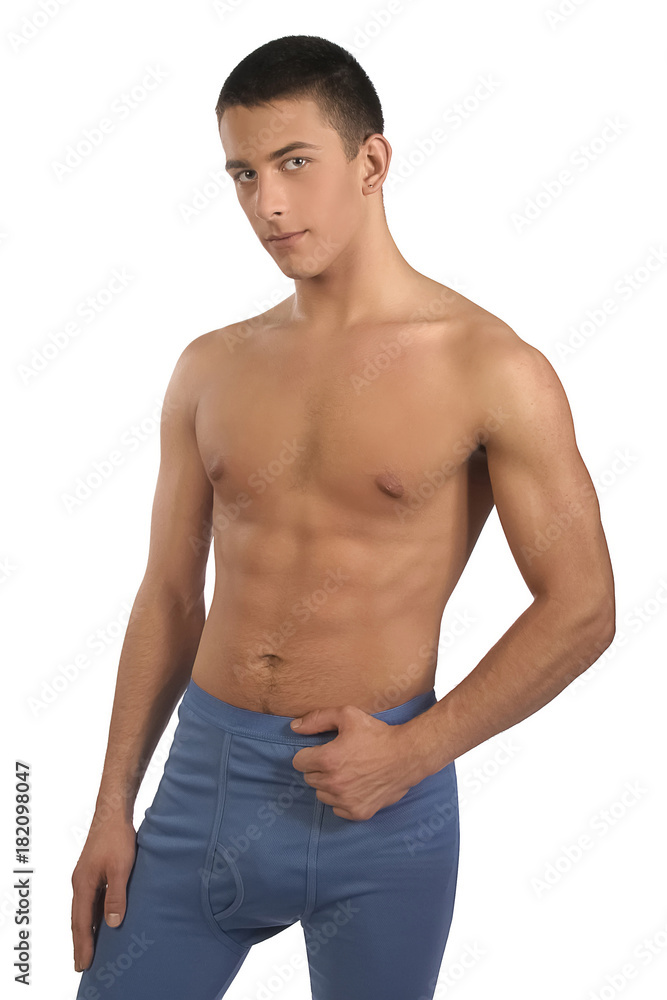 Male blue thermal underwear for active winter sport. Man wearing Thermolinen on white background. Topless, but in leggings Male blue thermal underwear for active winter sport. Man wearing Thermolinen on white background. Topless, but in leggings