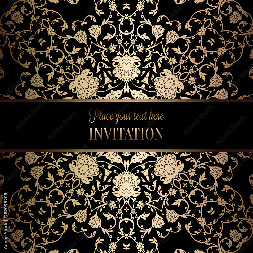 Fototapeta premium Vintage baroque Wedding Invitation template with damask background. Tradition decoration for wedding. Vector illustration in black and gold