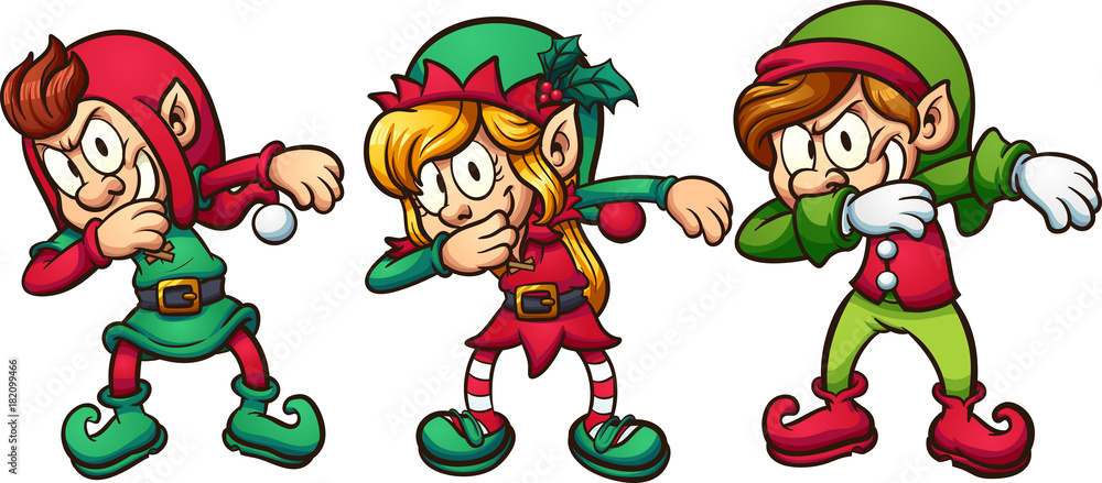 Cartoon dabbing Christmas elves. Vector clip art illustration with