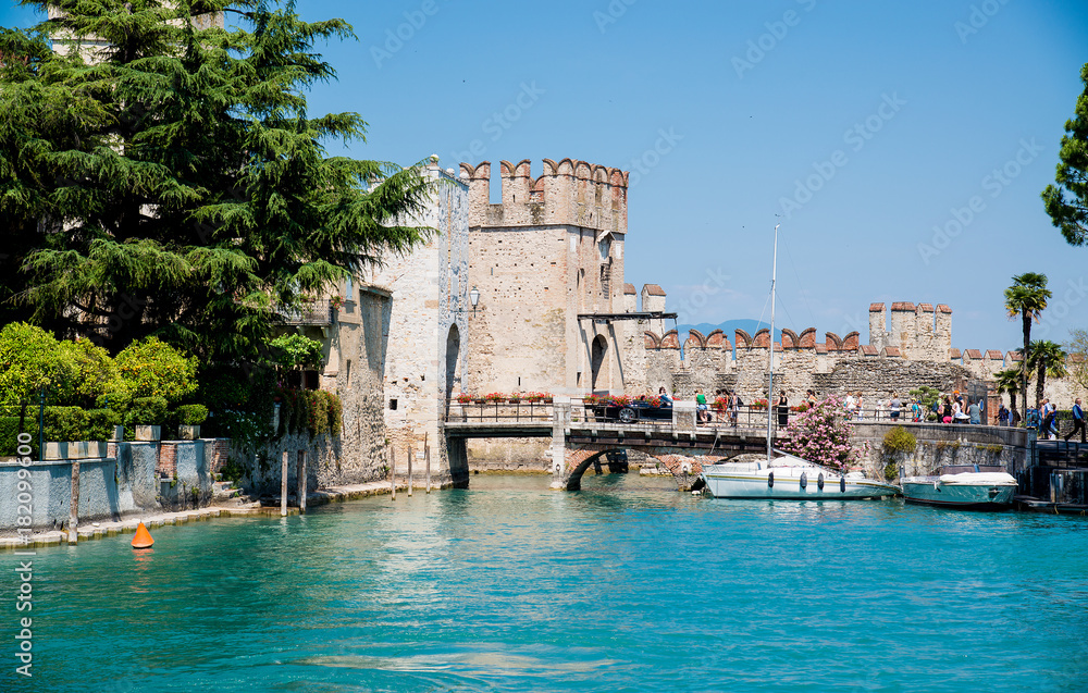 medieval castle Scaliger in old town of Sirmione . beautiful lake Lago di Garda, Italy. June 19, 2017