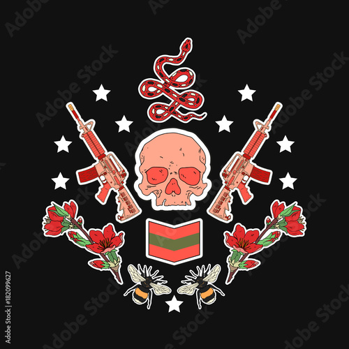 Military patch badges with rifles, eagle,flower and other elements. Set of stickers, pins, patches and handwritten notes collection in cartoon 80s-90s comic style.Vector stikers kit