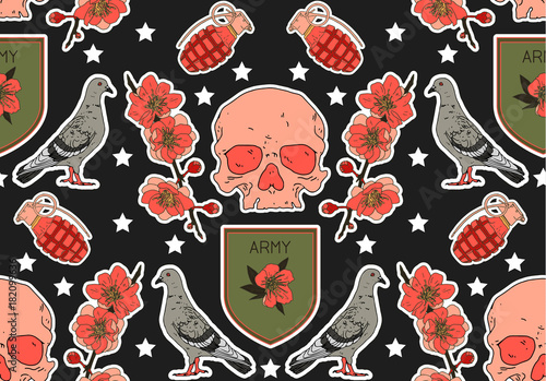 Seamless military pattern. Set of stickers, pins, patches and handwritten notes collection in cartoon.Skull, bird, grenade and roses. Vector illustration