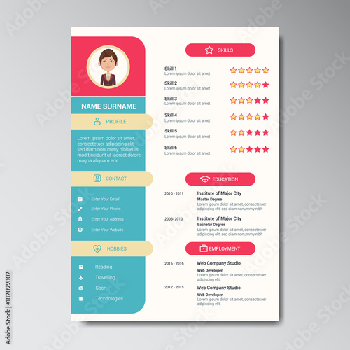 Unique Flat Color Curriculum Vitae Design Template With Photo or Avatar Placeholder