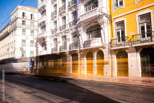  Long exposure shot . Commerce square (Praca do Comercio) in Lisbon, Portugal .