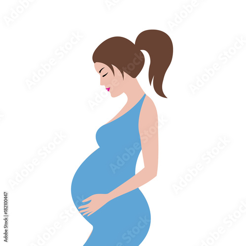 Simple cute colorful vector illustration of pregnant brown hair woman with ponytail in blue dress.