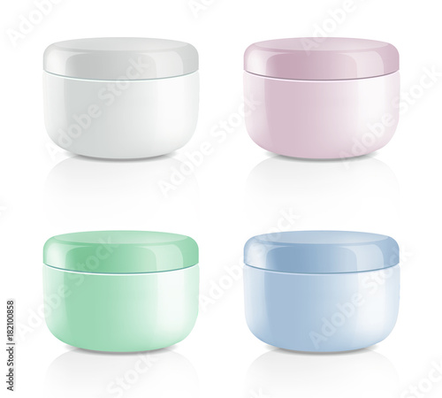 Mock up cosmetic realistic colorful plastic cream bottles set isolated on white background. Beauty product package template, vector illustration.