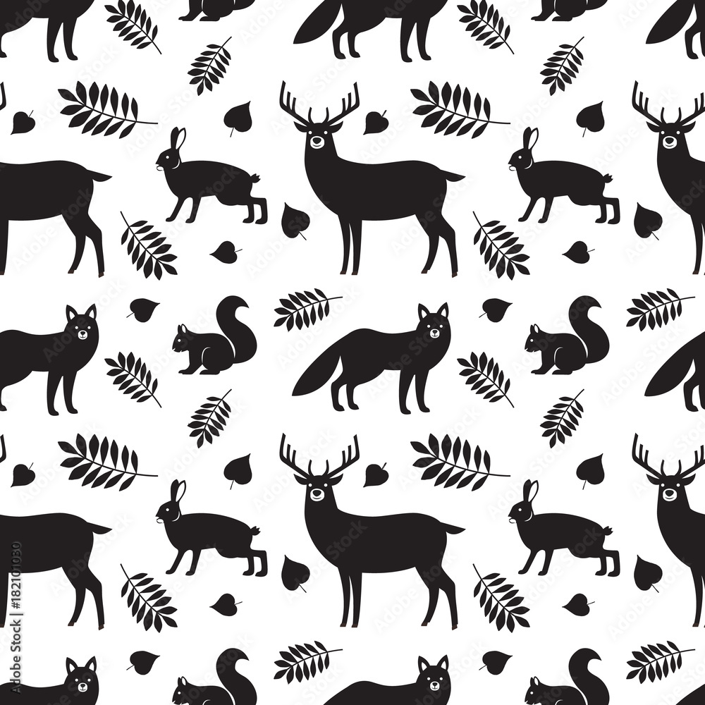 Seamless pattern of black forest animals and plants: fox, deer, hare,  squirrel and autumn leaves on white background. Vector background.  Illustration of wild animals Stock Vector | Adobe Stock