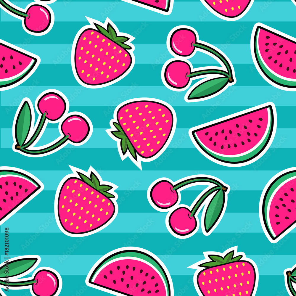 Summer colorful bright seamless pattern with patches of red strawberry, cherry, watermelon on green background. Fashion patches and stickers. Vector illustration. Summer colorful bright seamless pattern with patches of red strawberry, cherry, watermelon on green background. Fashion patches and stickers. Vector illustration.