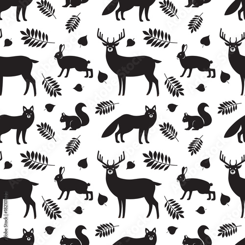Seamless pattern of black forest animals and plants: fox, deer, hare, squirrel and autumn leaves on white background. Vector background. Illustration of wild animals © mejorana777