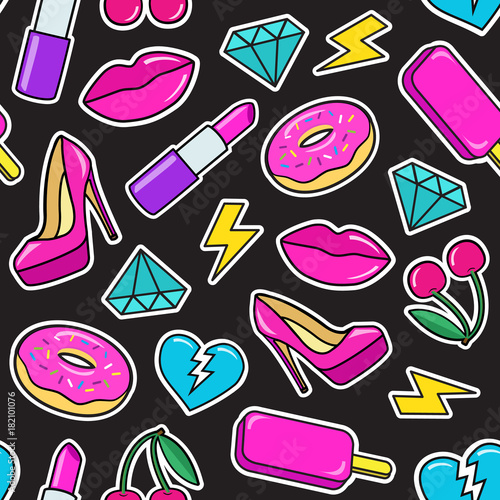 Cute seamless pattern with colorful patches. Stickers of ice cream, cherry, lipstick, lips, heart, shoe, donuts, diamonds etc on black background. Fashion patches and stickers. Vector illustration.