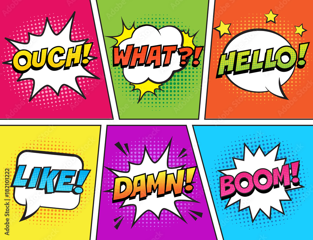 Retro comic speech bubbles set on colorful background. Expression text ...