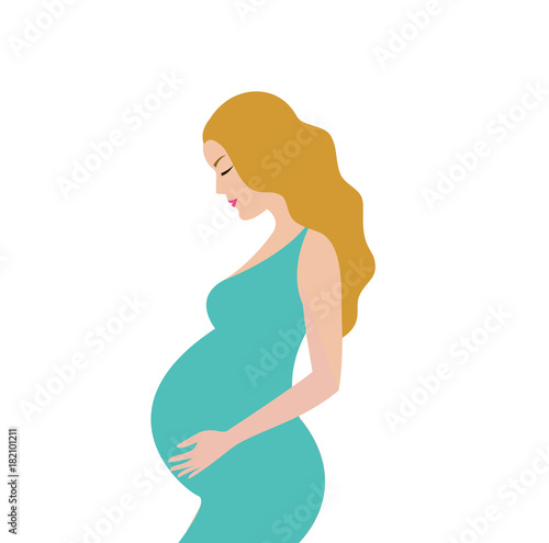 Simple cute colorful vector illustration of pregnant blond hair woman in green dress.