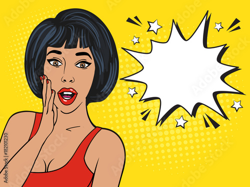 Sexy surprised brunette girl in red dress on yellow background. Comic speech empty bubble for your text. Colorful vector illustration of latin woman face,vintage comic design, pop art style background