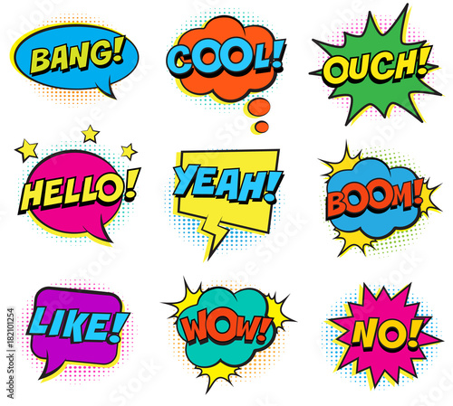 Retro colorful comic speech bubbles set with halftone shadows on white background. Expression text BANG, OUCH, NO, HELLO, YEAH, BOOM, LIKE, COOL, WOW. Vector illustration, pop art style.