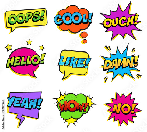 Retro colorful comic speech bubbles set on white background. Expression text BANG, OUCH, NO, HELLO, YEAH, DAMN, LIKE, COOL, WOW. Vector illustration, pop art style.