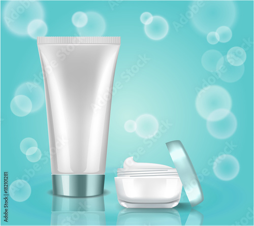 Beauty Care Products Package on the teal background with bubbles. Mock up cosmetic bottle and tube with metallic lid for cream, gel, liquid, shampoo, foam. 3D Realistic Vector illustration template