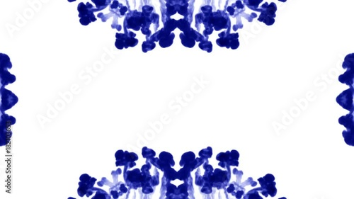 Abstract background of ink or smoke flows is kaleidoscope or Rorschach inkblot test7. Isolated on white in slow motion. Blue Ink curls in water. For alpha channel use luma matte as alpha mask photo