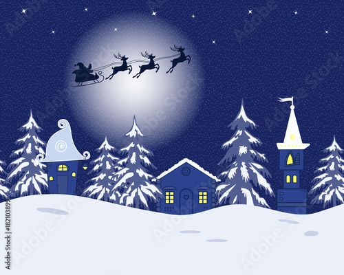 Fairy tale winter landscape. Santa Claus is riding across the sky on deers. There are fantastic lodges and fir trees on a blue background in the picture. It can be used as a seamless border. Vector