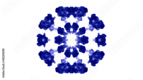 Abstract background of ink or smoke flows is kaleidoscope or Rorschach inkblot test5. Isolated on white in slow motion. Blue Ink fall in water. For alpha channel use luma matte as alpha mask photo