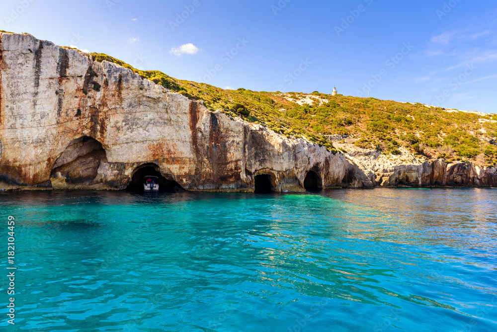 Blue Caves near Skinari Cape on Zakynthos Island, Greece.