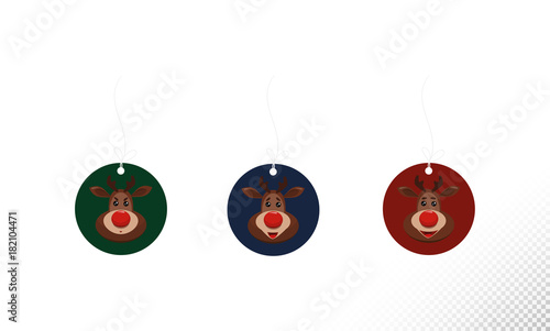 cartoon vector deer transparent label tag on traditional color of christmas and new year with red nose. smiling, be surprised ,evil,disgruntled for label tag, icon, web banner, xmas