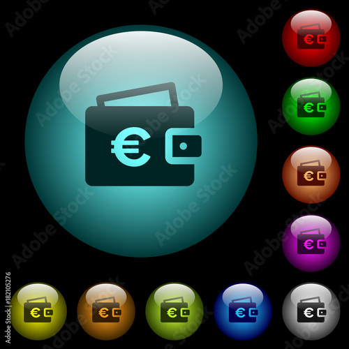 Euro wallet icons in color illuminated glass buttons