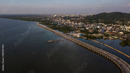 Aerial view of road or Bridge over the seashore , Thailand