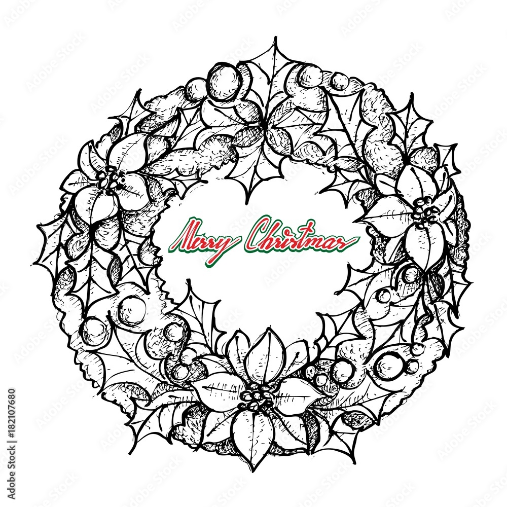 Hand Drawn of Christmas Wreath of Red Poinsettia Flowers
