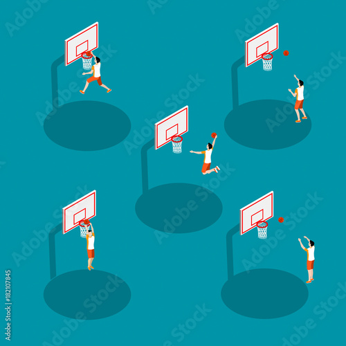 basketball and streetball in the isometric style, the guy sportsman throws the ball into the basketball ring