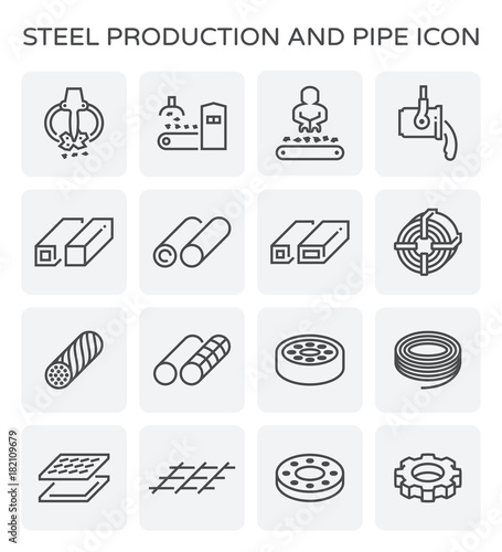 Steel production industry, manufacturing vector icon consist of worker, machine equipment and production line. Include process to casting product of steel, aluminum, iron or stainless i.e. pipe, roll.