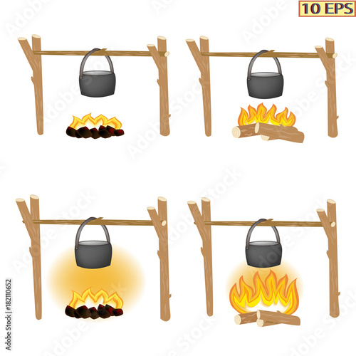 Pot hanging over a burning fire. Dinner in the fresh rest. Fire, firewood, coals. Burning fire. Picnic. Drawn pot perfect for decorating your project. Vector illustration.