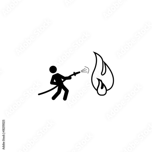 Fireman holding hose extinguishing fire with water icon
