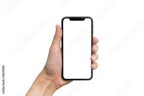 Man's hand shows mobile smartphone with white screen in vertical position isolated on white background photo