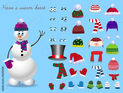 Christmas and new year set for creating snowman. Eyes, emotions, hats, scarves, mittens. Cute winter clothes for snowman. Vector illustration, template