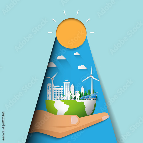 Hand holding eco city and cityscape concept paper art style design with sunshine concept of environment conservation.Vector illustration.