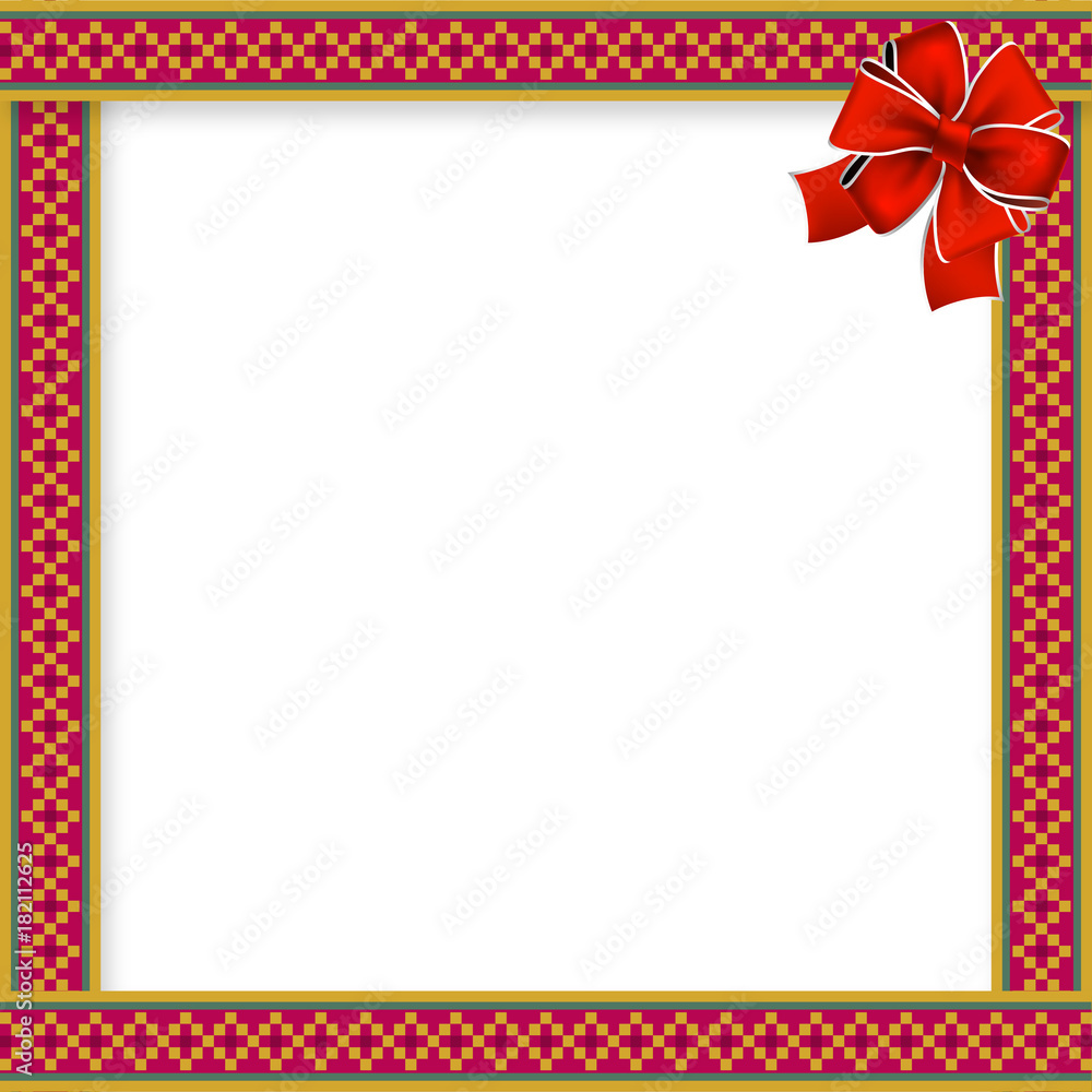 Obraz premium Cute christmas or new year frame with rhombus pattern, red bow in the corner and space for text. Vector illustration, template, border for design. 