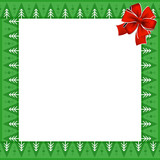 Cute Christmas frame with Christmas trees pattern on green background and festive red bow in the corner. Vector illustration, template, border with space for text.