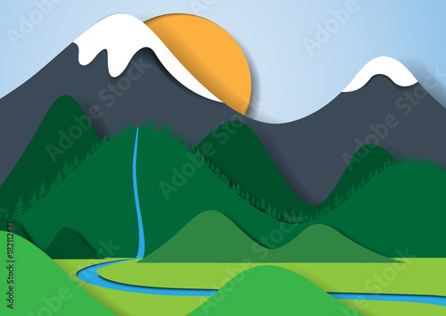 Nature landscape and ecosystem concept paper art style.Save the world with forest,mountains,sun and sky.Vector illustration.