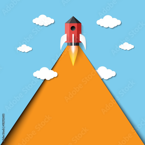 Rocket ship icon and blue sky paper art style.Business start up concept design.Vector illustration.