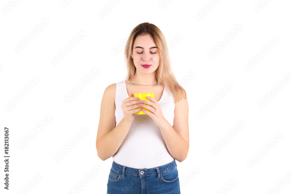 Young cute woman drinks coffee or tea, isolated Young cute woman drinks coffee or tea, isolated